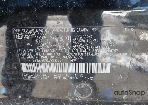 2012 Toyota Rav4 z USA, uszkodzony, nr VIN 2T3BF4DVXCW215387